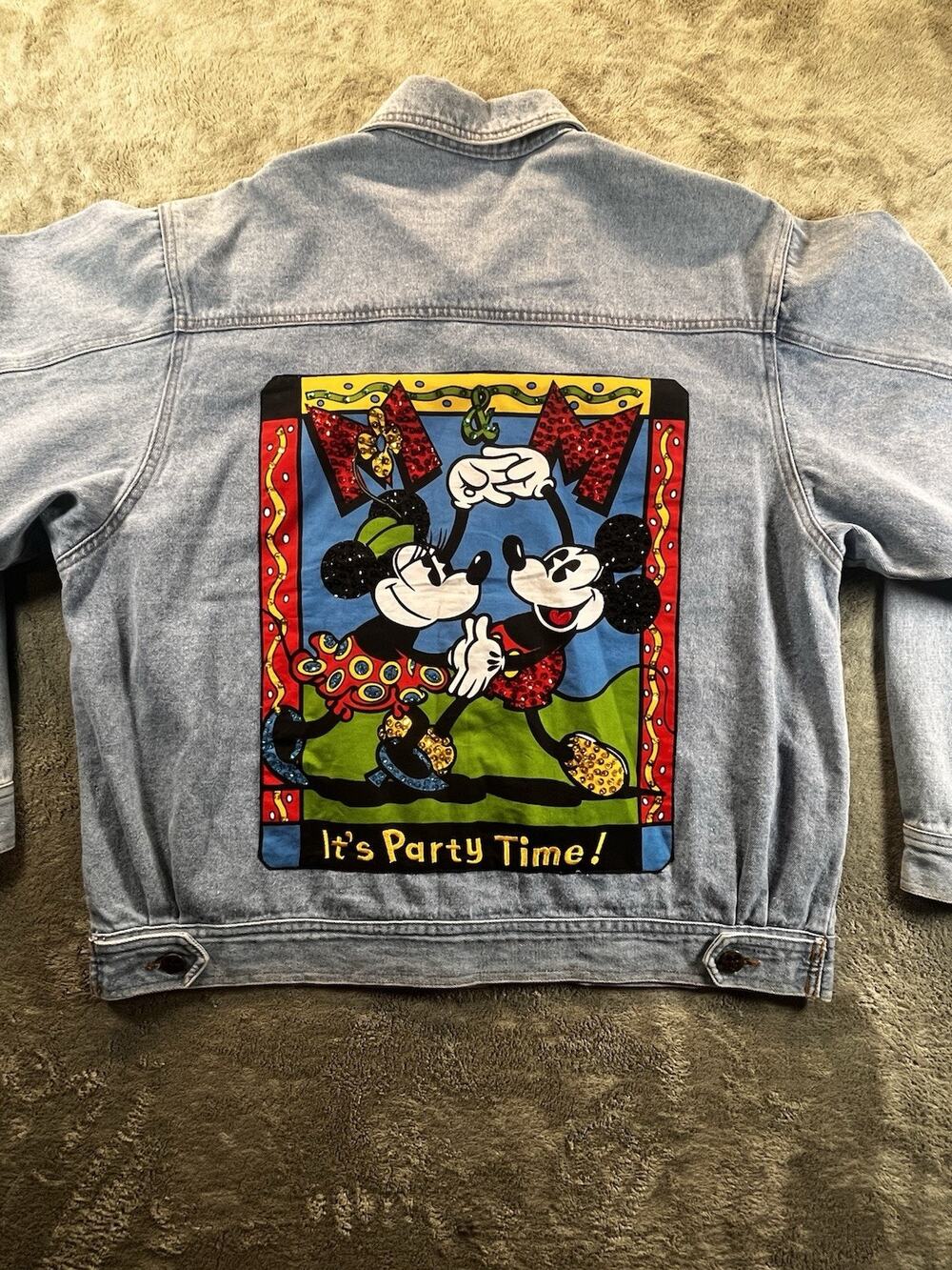 Vintage 90s Mickey & Co Disney Denim Jacket L Sequin Mickey Minnie Party Time